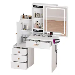 UENMI - Tocador Con Espejo, Taburete Y 4 Cajones Blanco Moderno