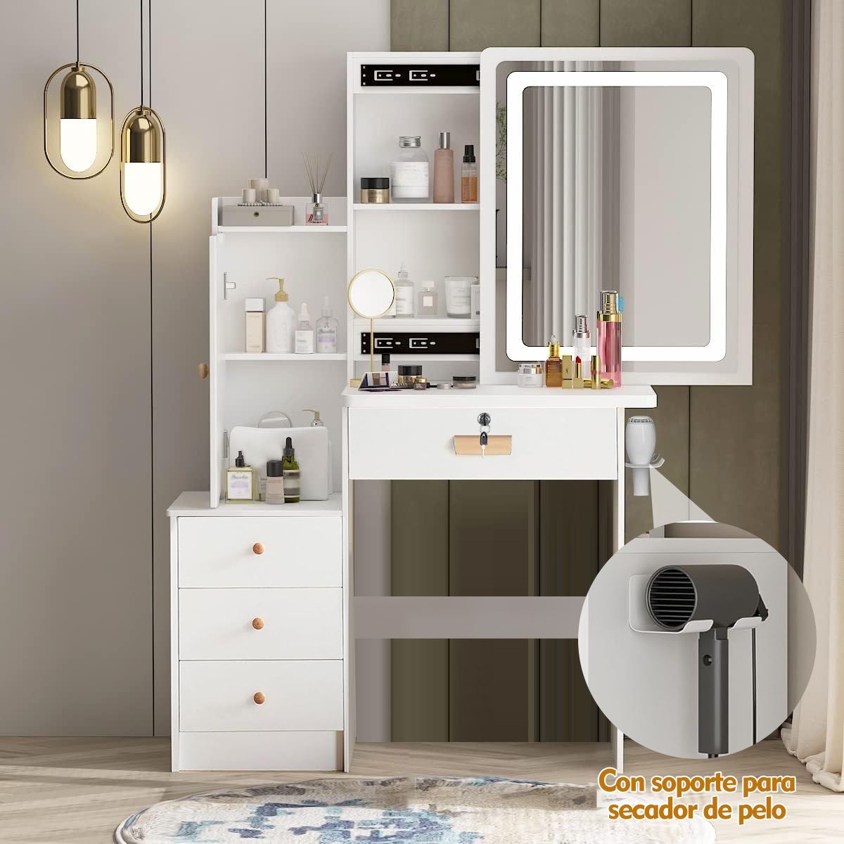 UENMI - Tocador Con Espejo, Taburete Y 4 Cajones Blanco Moderno