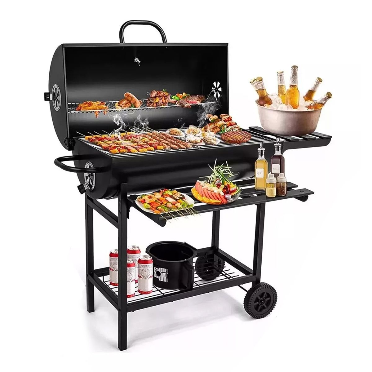 UENMI - Parrilla Asado Carbon Bbq 71 Cm Movil Doble Mesa Con Ruedas