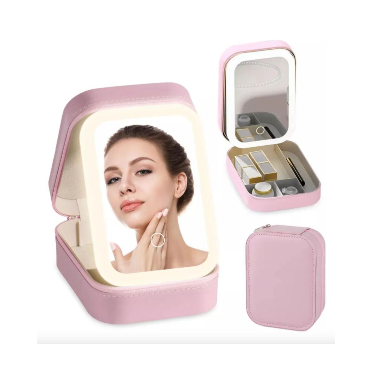 GENERICO - Mini Estuche Organizador de Maquillaje con Espejo LED Touch y Carga USB - Rosado