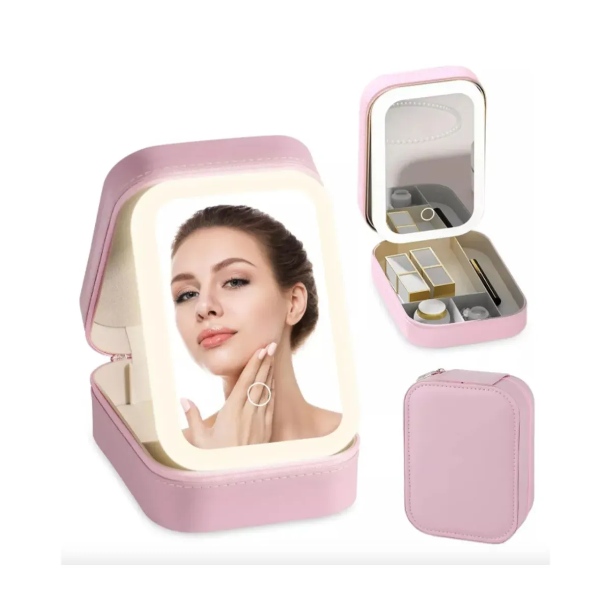 GENERICO - Mini Estuche Organizador de Maquillaje con Espejo LED Touch y Carga USB - Rosado