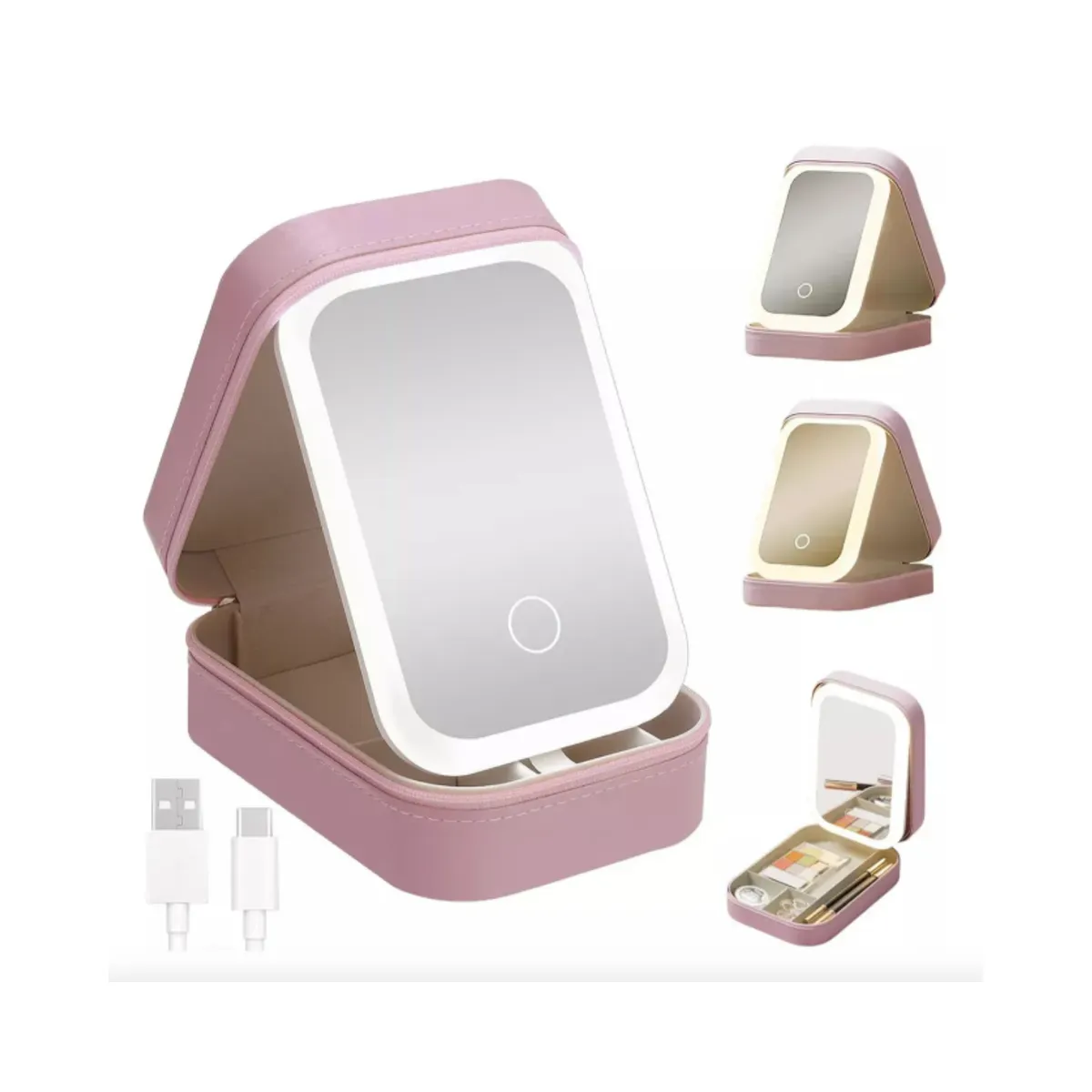 GENERICO - Mini Estuche Organizador de Maquillaje con Espejo LED Touch y Carga USB - Rosado
