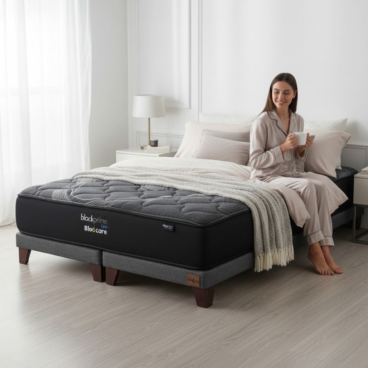 BLOCCARE - Cama King  Box 8 cm - L200 cm  + Colchon Black Prime - Modelo Uno / Con Pata 11 cm (Gris)