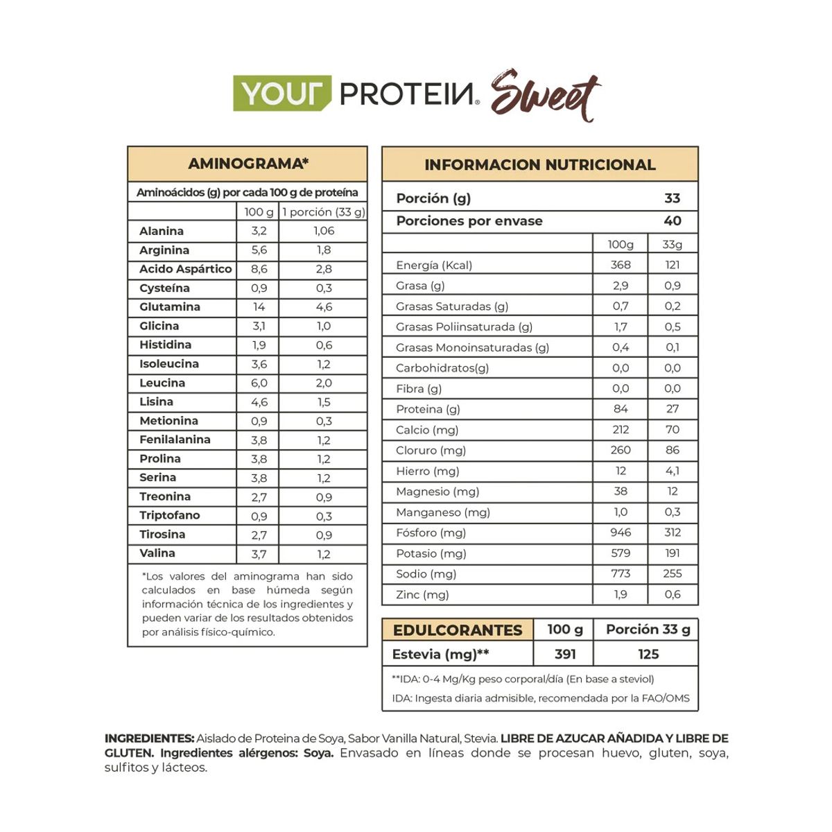 YOUR PROTEIN - PROTEINA SWEET VEGAN VAINILLA 2.9LB 1.32KG- YOUR PROTEIN