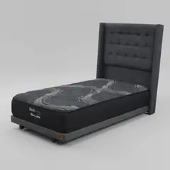BLOCCARE - Cama 1 Plaza Box 8cm - L190cm + Colchon Black Prime - Modelo Uno + Respaldo / Con Rueda Divan (Gris)