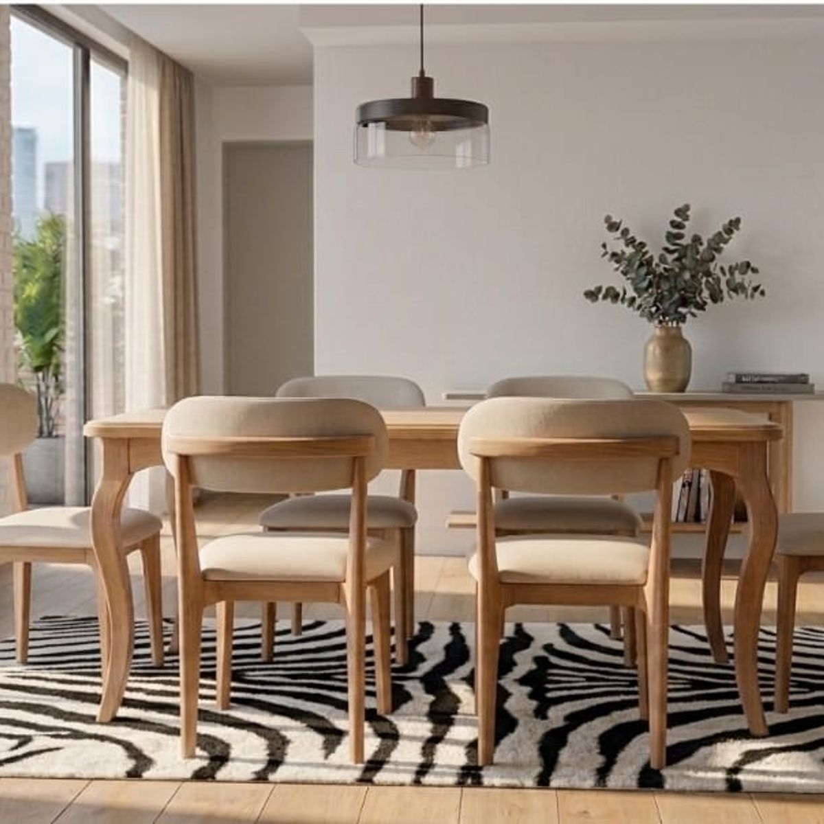 MUEBLES NATIVA - Comedor Mónaco 90x160 - 6 sillas tapiz Crudo