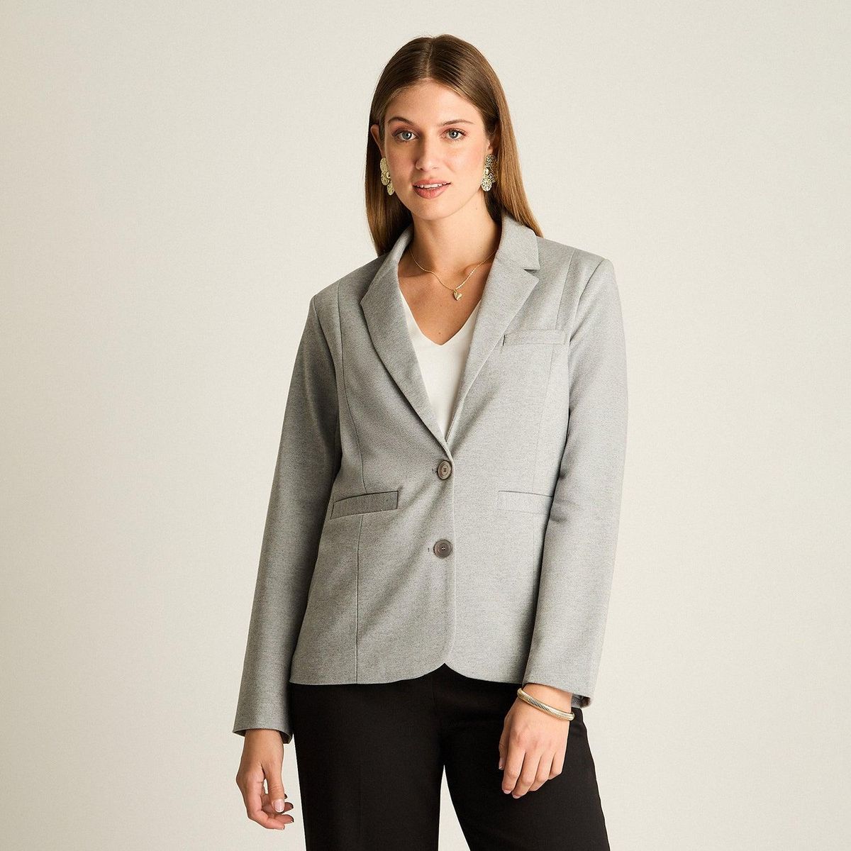 LORENZO DI PONTTI - Blazer Gris Básico Punto Roma con Dos Bolsillos