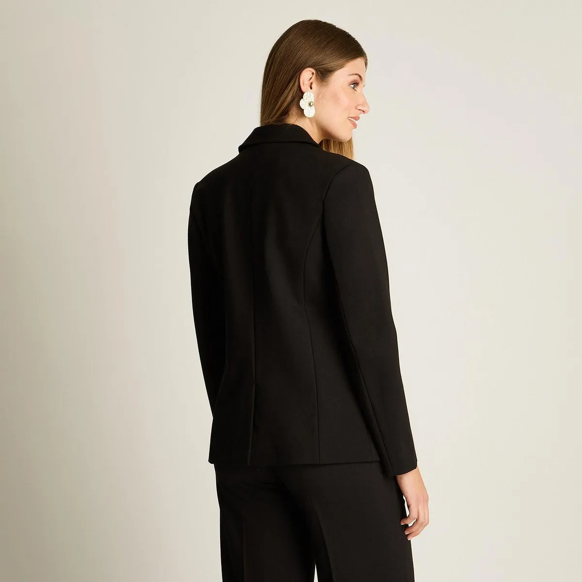 LORENZO DI PONTTI - Blazer Negro Básico Punto Roma con Dos Bolsillos