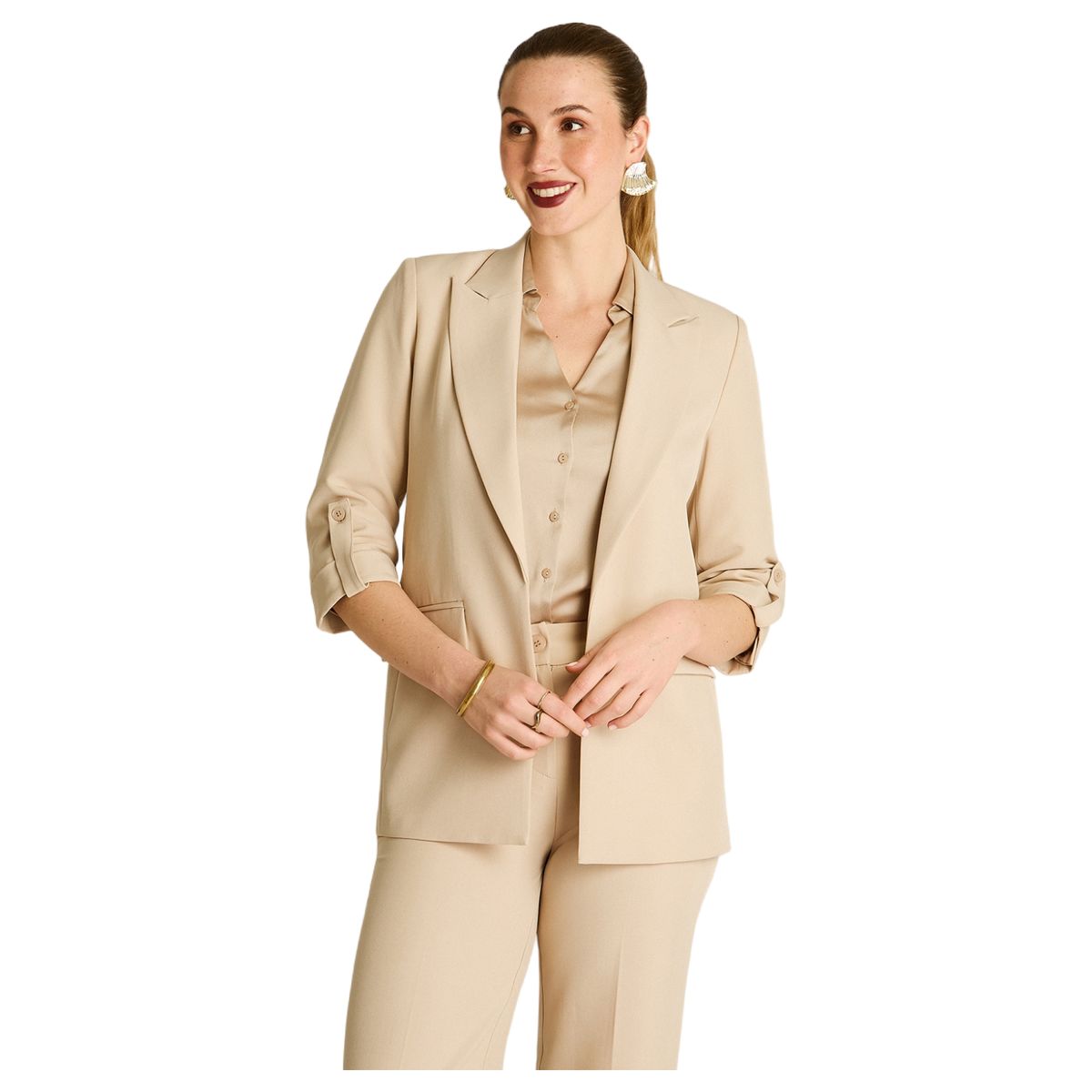 LORENZO DI PONTTI - Blazer Beige Manga 3/4 con Bolsillos y Solapa