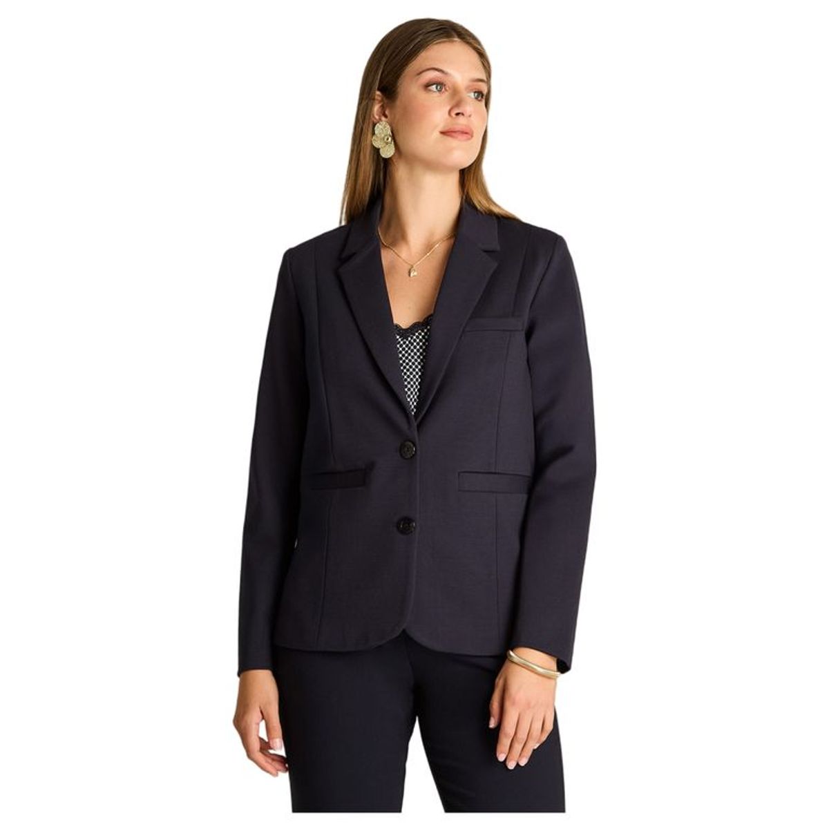 LORENZO DI PONTTI - Blazer Azul Básico Punto Roma con Dos Bolsillos
