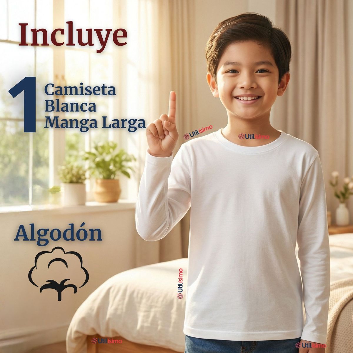 UTILISIMO - Camiseta Algodón Manga Larga Polera Primera Capa Blanco Niño