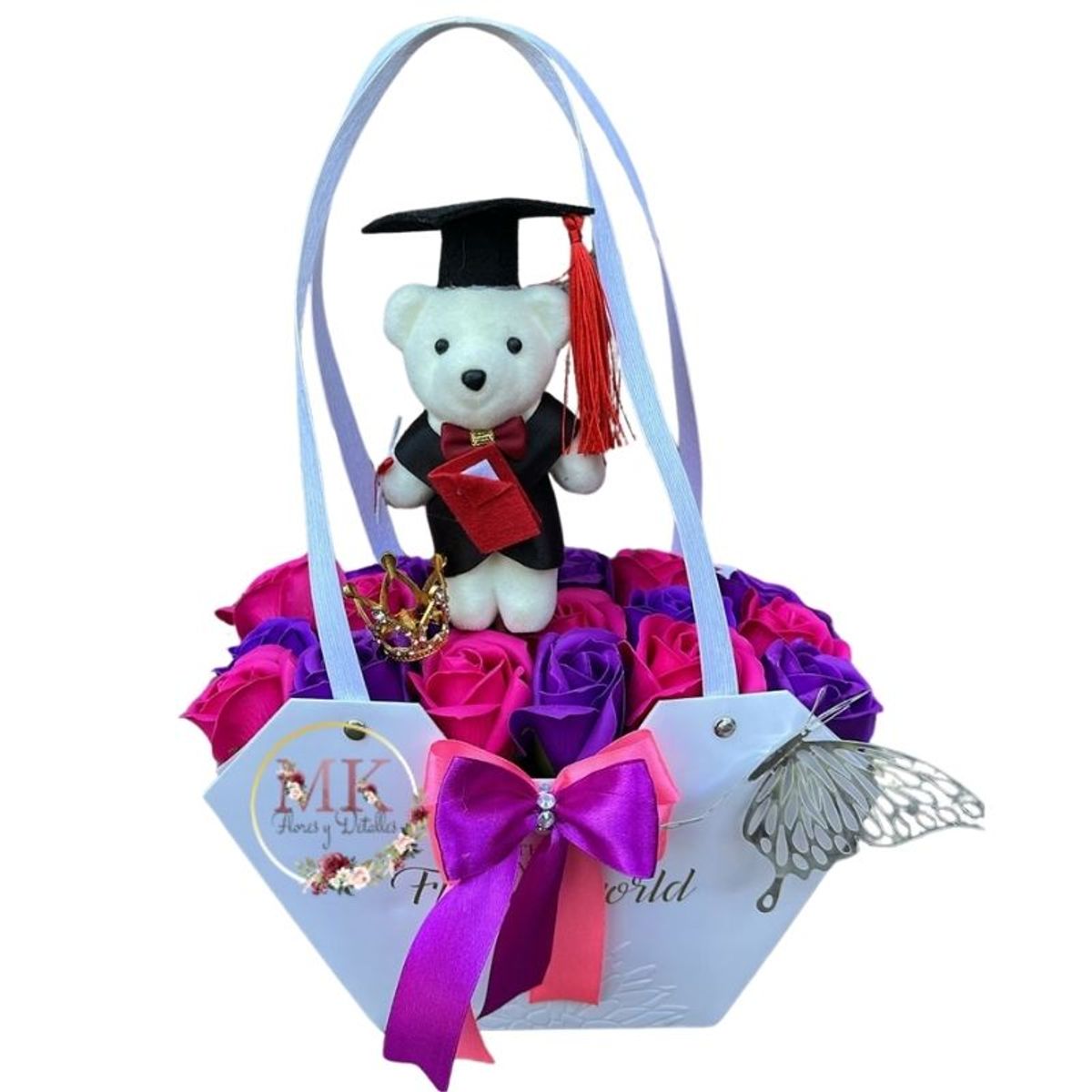 GENERICO - Cartera Hexagonal de Rosas Eternas y Peluchito de Graduación