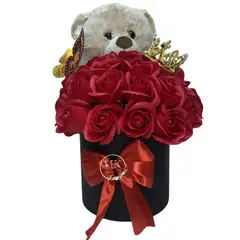 GENERICO - Box Cilindro con Rosas Eternas Rojas, Peluche de 28cm y Corona