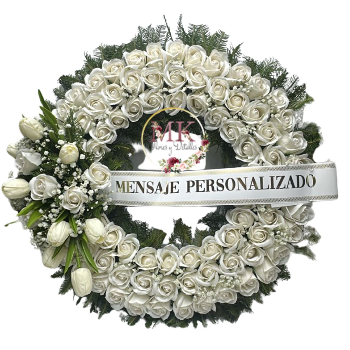 GENERICO - Corona Condolencias de 100 Rosas Eternas, Flores, Cinta Personalizada y Atril