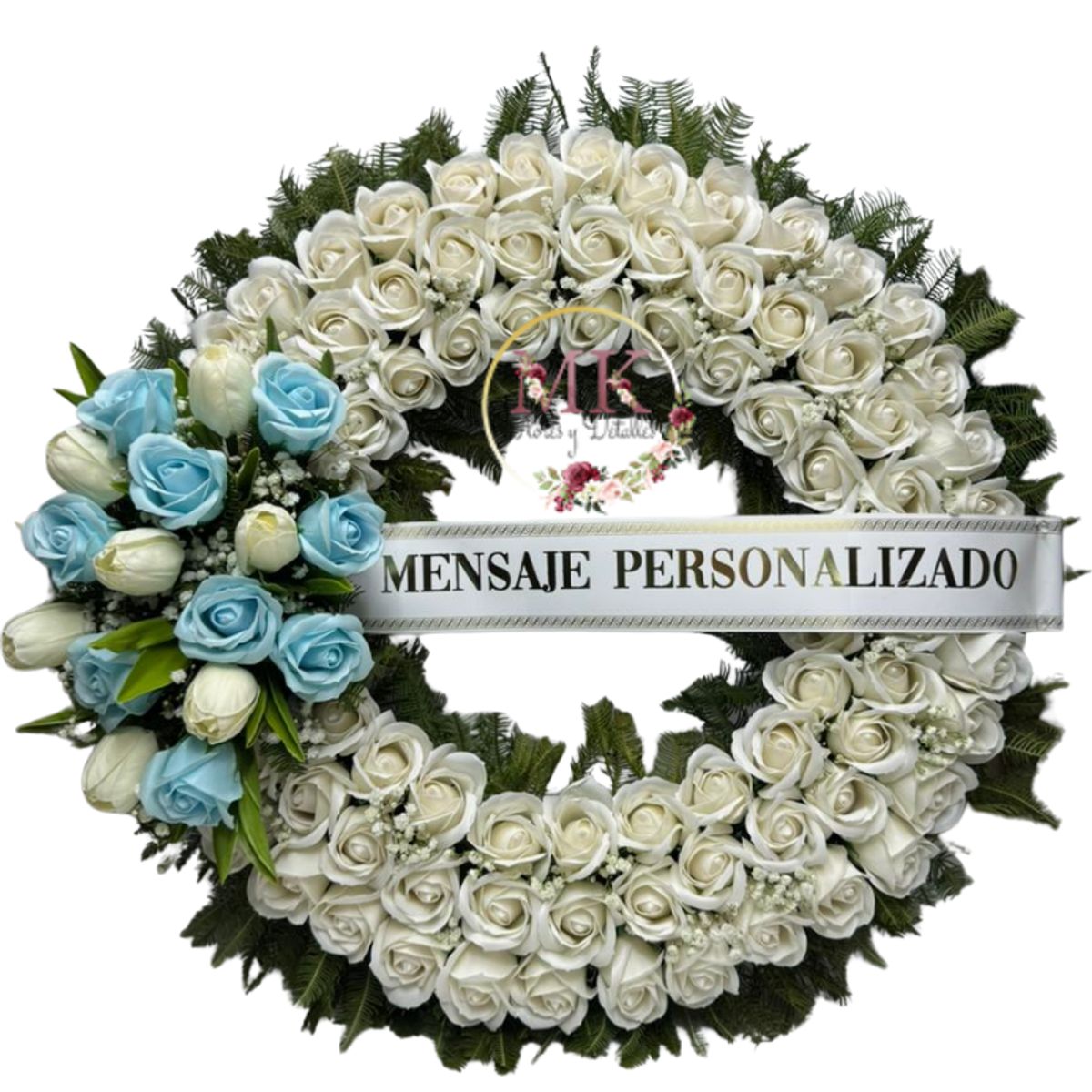 GENERICO - Corona Condolencias de 100 Rosas Eternas, Flores Celestes, Cinta Personalizada y Atril