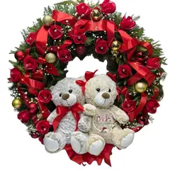 GENERICO - Corona de Navidad con Rosas Eternas y 2 Peluches de 30cm