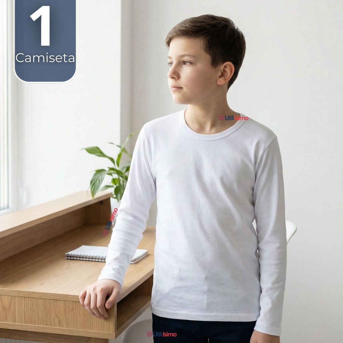 UTILISIMO - Camiseta Algodón Manga Larga Polera Primera Capa Blanco Niño