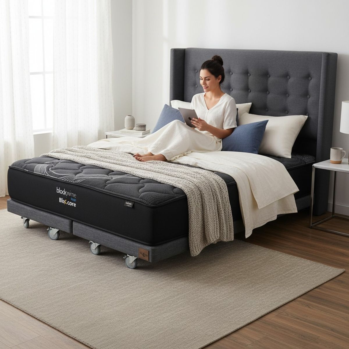 BLOCCARE - Cama King  Box 8cm - L200 cm  + Colchon Black Prime - Modelo Uno + Respaldo/ Con Rueda Logo(Gris)