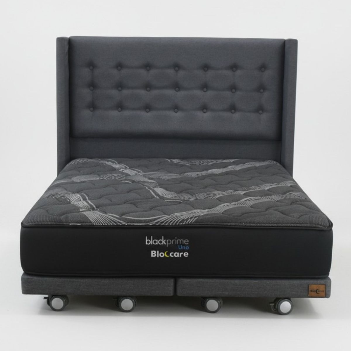 BLOCCARE - Cama King  Box 8cm - L200 cm  + Colchon Black Prime - Modelo Uno + Respaldo/ Con Rueda Logo(Gris)