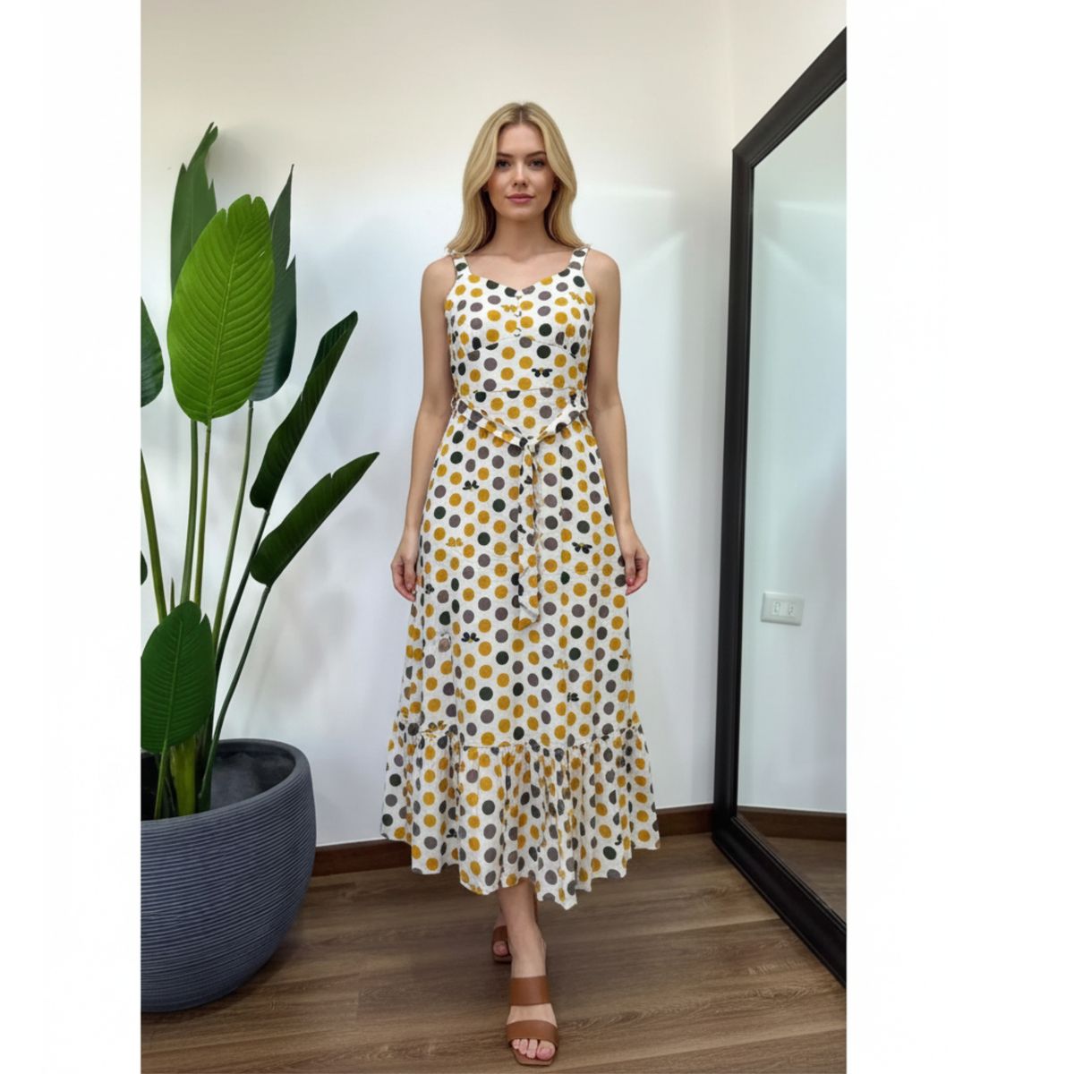 LIKE SHOP - Vestido Largo Con Puntos Mujer Verano Pabilos Con Cinturón A1091