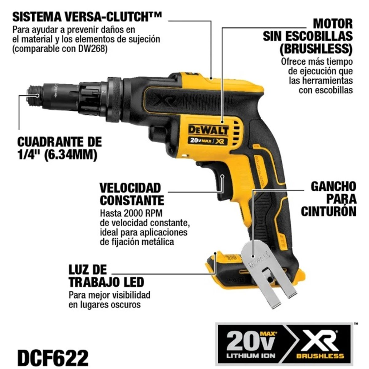 DEWALT - Atornillador Drywall Tipo Pistola Alto Torque, 20v Dewalt Dcf622b, Amarillo 20v 50 Hz/60 Hz