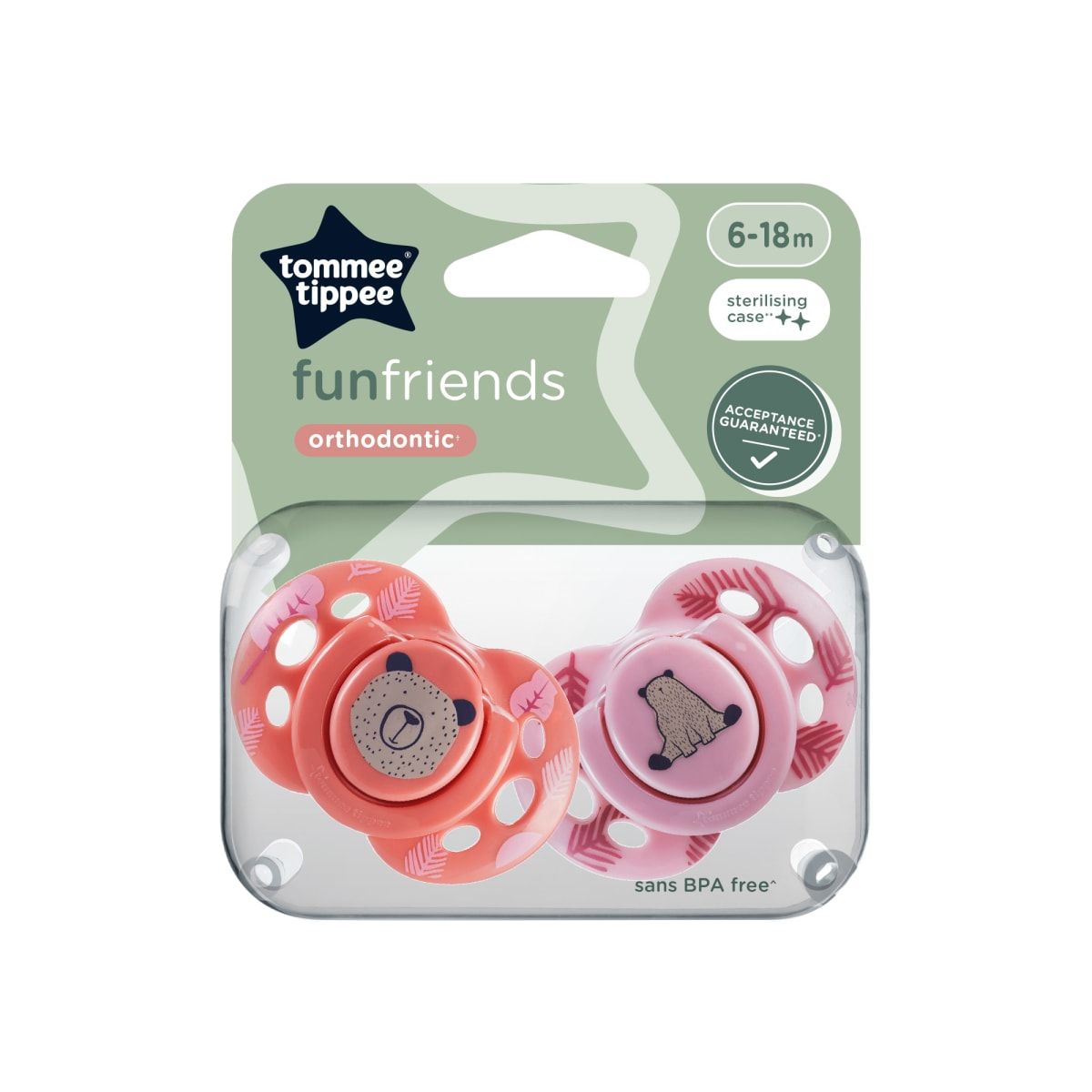 TOMMEE TIPPEE - CHUPETE DE SILICONA FUNFRIENDS 2 UNIDADES 6-18 MESES ROJO-ROSADO