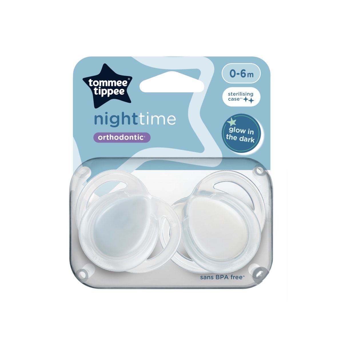 TOMMEE TIPPEE - CHUPETE DE SILICONA NIGHT TIME 2 UNIDADES 0-6 MESES BRILLA EN LA OSCURIDAD BLANCO