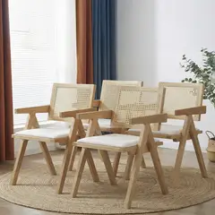 VENHOOUSE - Pack 4 Sillas Comedor Chandigarh Con Cojín De Lino Madera Natural