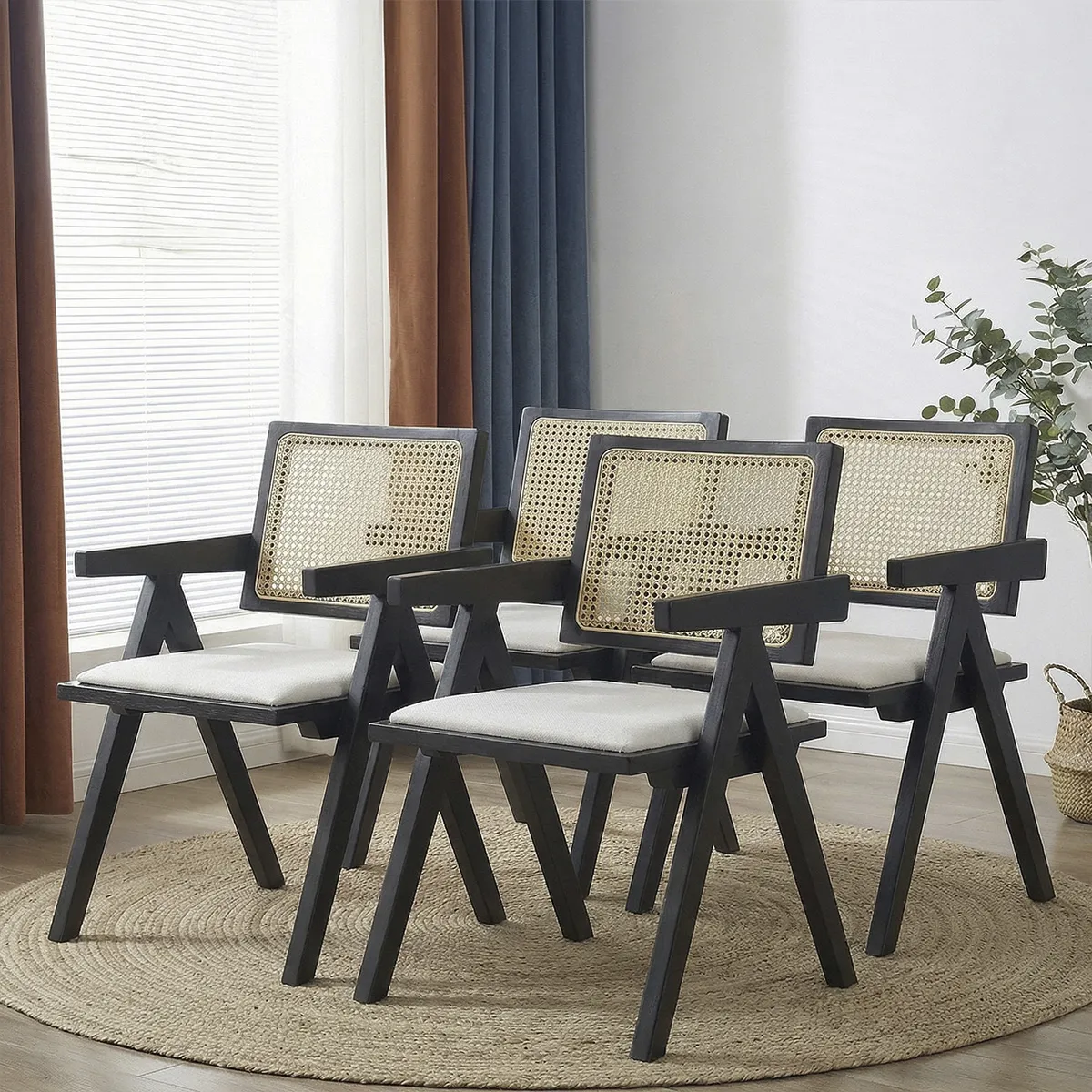 VENHOOUSE - Pack 4 Sillas Comedor Chandigarh Con Cojín De Lino Madera Negra