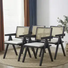 VENHOOUSE - Pack 4 Sillas Comedor Chandigarh Con Cojín De Lino Madera Negra
