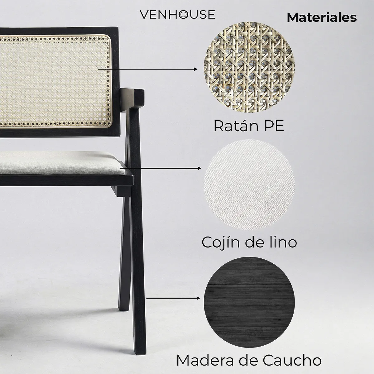 VENHOOUSE - Pack 4 Sillas Comedor Chandigarh Con Cojín De Lino Madera Negra