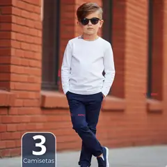UTILISIMO - Pack 3 Camisetas Algodón Manga Larga Polera Primera Capa Blanco Niño