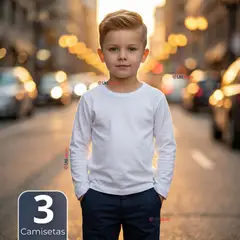 UTILISIMO - Pack 3 Camisetas Algodón Manga Larga Polera Primera Capa Blanco Niño