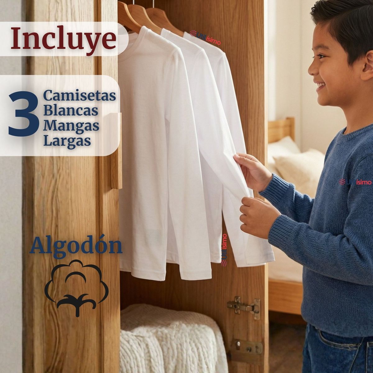 UTILISIMO - Pack 3 Camisetas Algodón Manga Larga Polera Primera Capa Blanco Niño