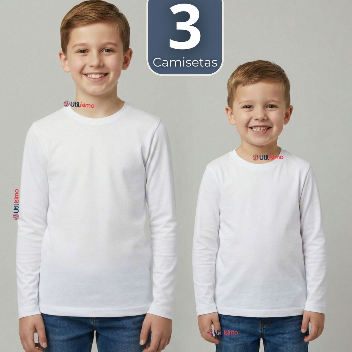 UTILISIMO - Pack 3 Camisetas Algodón Manga Larga Polera Primera Capa Blanco Niño