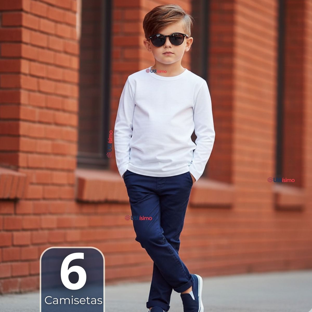 UTILISIMO - Pack 6 Camisetas Algodón Manga Larga Polera Primera Capa Blanco Niño