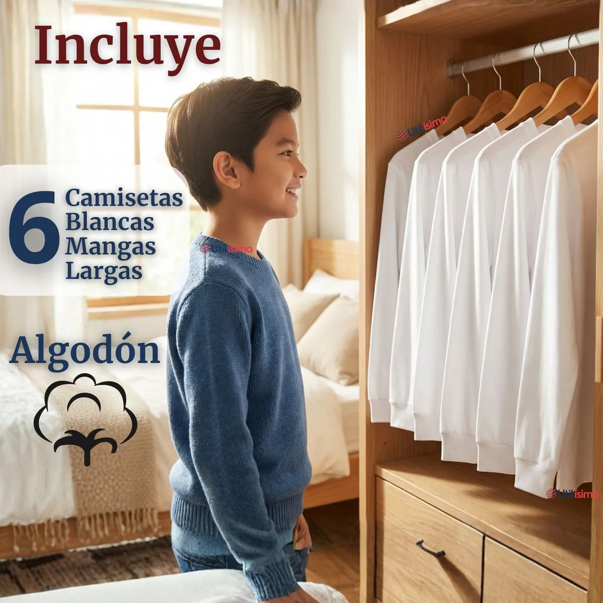 UTILISIMO - Pack 6 Camisetas Algodón Manga Larga Polera Primera Capa Blanco Niño