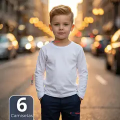 UTILISIMO - Pack 6 Camisetas Algodón Manga Larga Polera Primera Capa Blanco Niño
