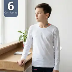 UTILISIMO - Pack 6 Camisetas Algodón Manga Larga Polera Primera Capa Blanco Niño