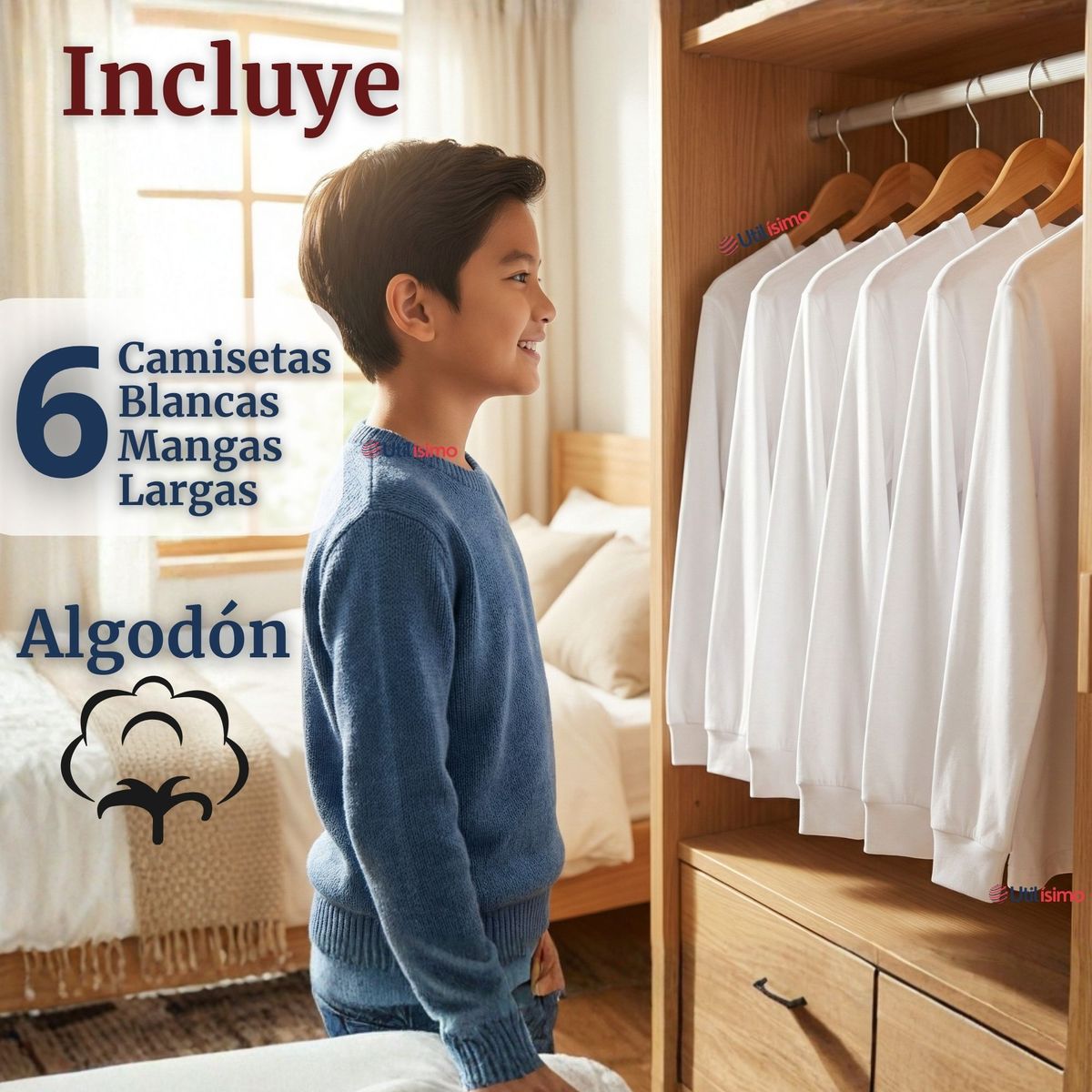 UTILISIMO - Pack 6 Camisetas Algodón Manga Larga Polera Primera Capa Blanco Niño