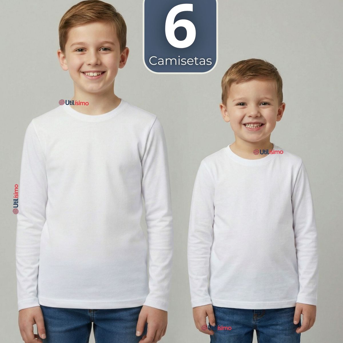 UTILISIMO - Pack 6 Camisetas Algodón Manga Larga Polera Primera Capa Blanco Niño