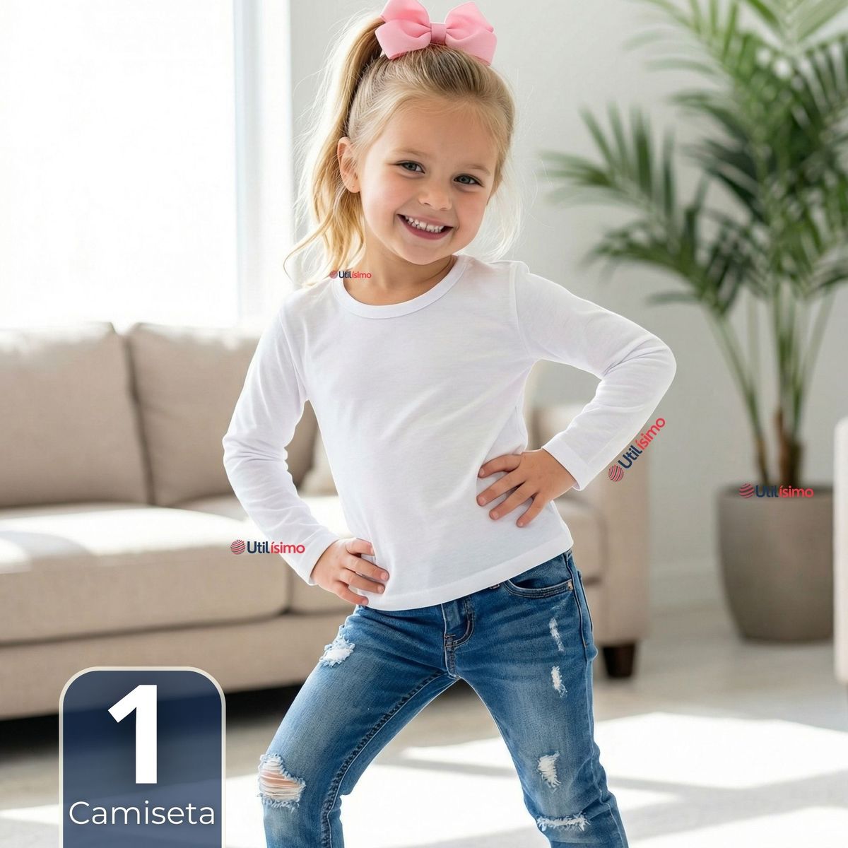 UTILISIMO - Camiseta Algodón Manga Larga Polera Primera Capa Blanco Niña