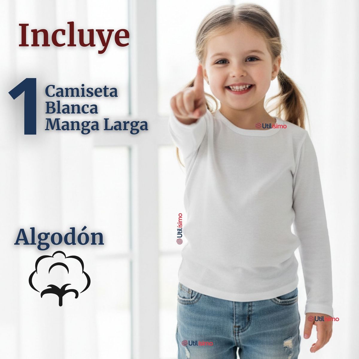 UTILISIMO - Camiseta Algodón Manga Larga Polera Primera Capa Blanco Niña