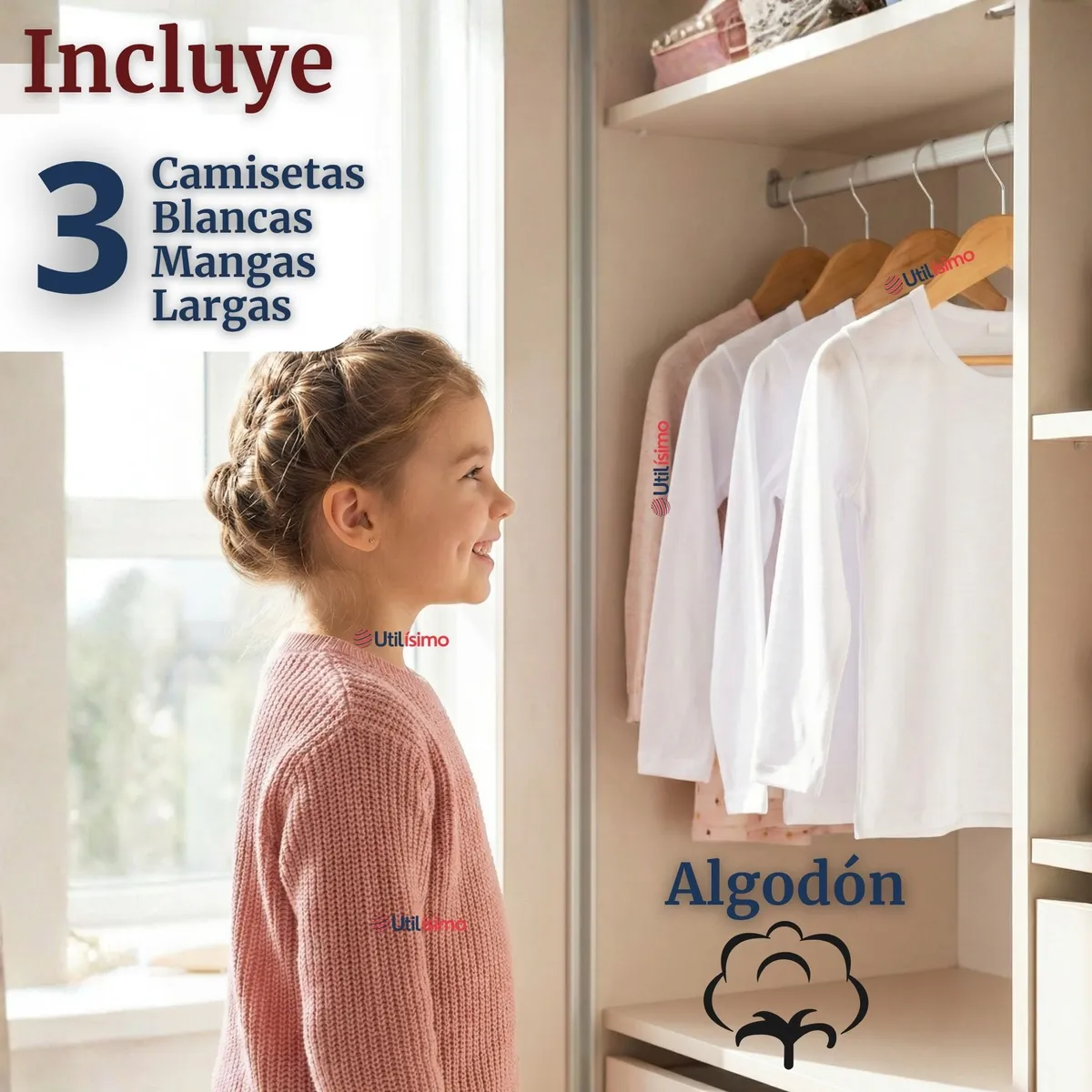 UTILISIMO - Pack 3 Camisetas Algodón Manga Larga Polera Primera Capa Blanco Niña