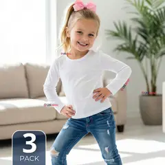 UTILISIMO - Pack 3 Camisetas Algodón Manga Larga Polera Primera Capa Blanco Niña