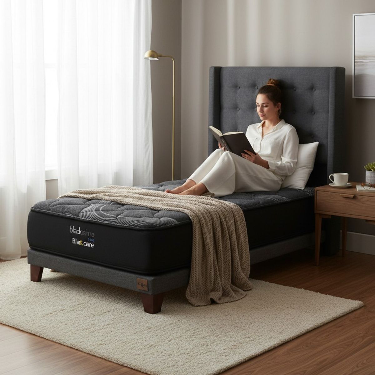 BLOCCARE - Cama 1.5 Plaza Box 8cm - L200cm + Colchon Black Prime - Modelo Uno+ Respaldo /Con Pata 4.5 cm (Gris)