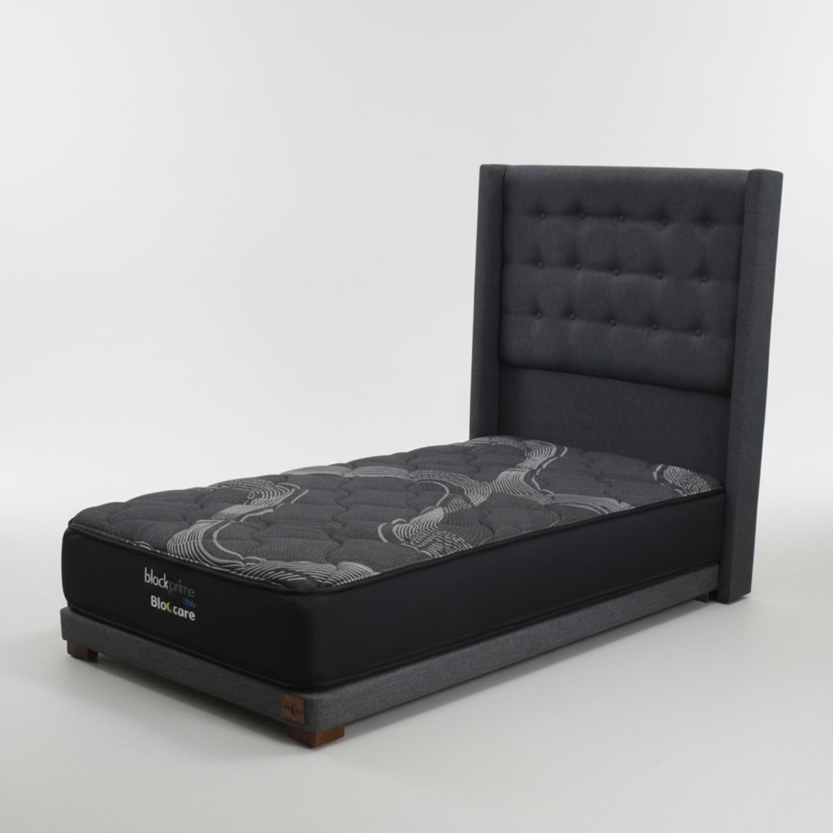 BLOCCARE - Cama 1.5 Plaza Box 8cm - L200cm + Colchon Black Prime - Modelo Uno+ Respaldo /Con Pata 4.5 cm (Gris)