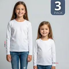 UTILISIMO - Pack 3 Camisetas Algodón Manga Larga Polera Primera Capa Blanco Niña