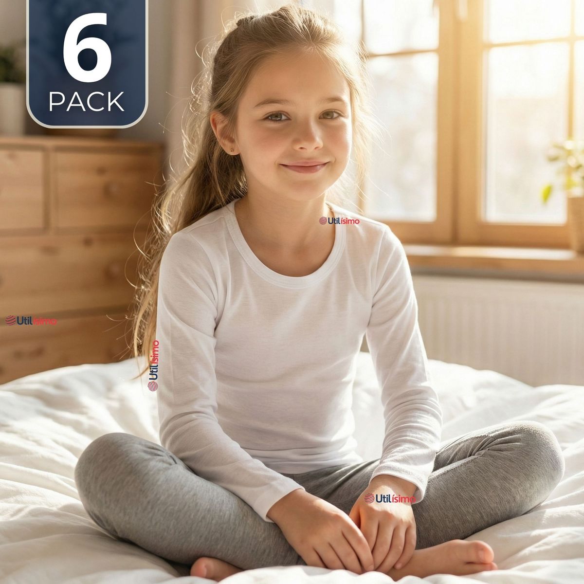 UTILISIMO - Pack 6 Camisetas Algodón Manga Larga Polera Primera Capa Blanco Niña