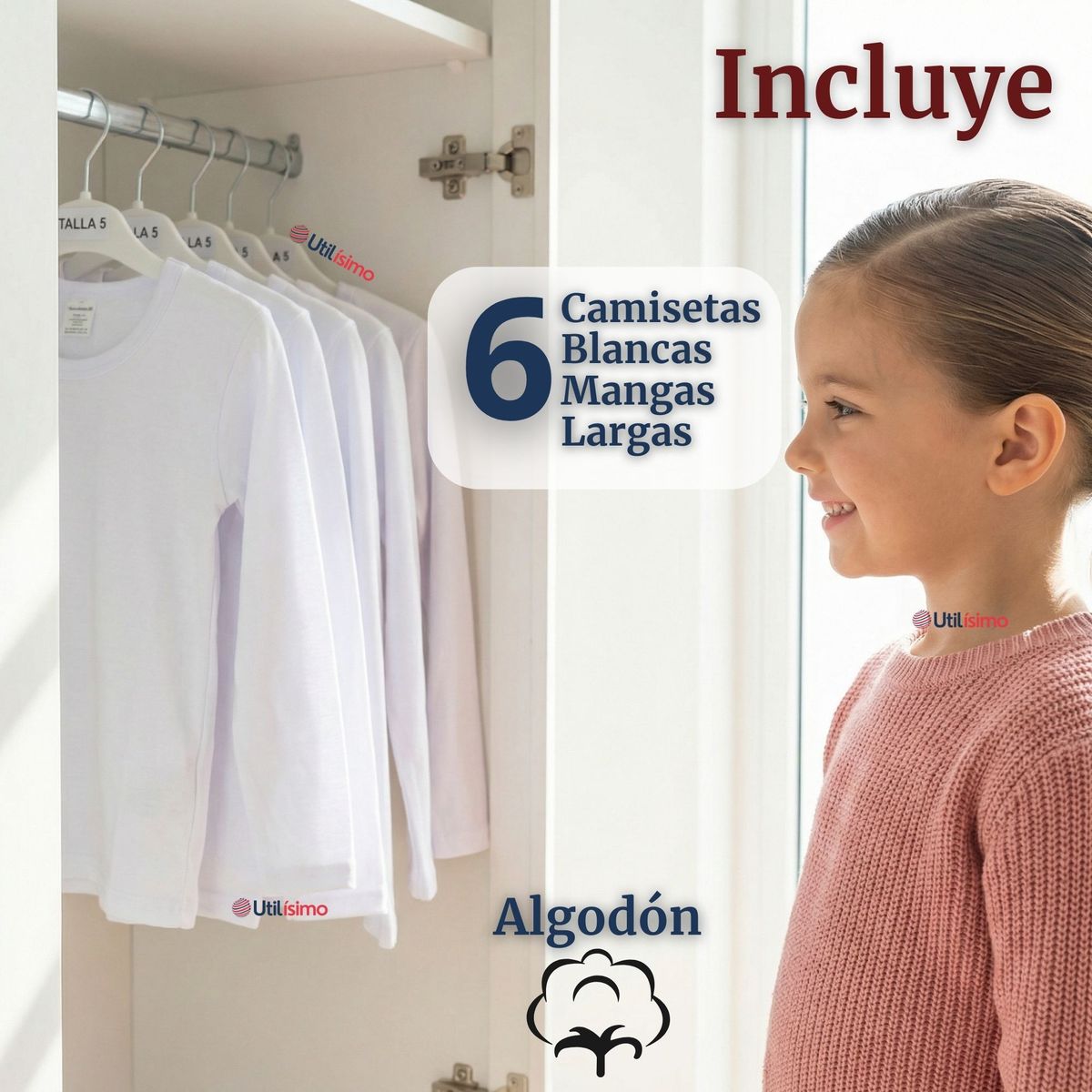 UTILISIMO - Pack 6 Camisetas Algodón Manga Larga Polera Primera Capa Blanco Niña